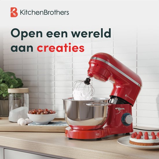 Set van 4 accessoires voor de KitchenBrothers keukenmachine: deeghaak, spatdeksel, garde en platte menghaak.