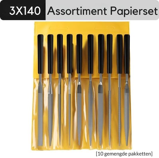 Een set van 10 gemengde vijlen met zwarte handvatten, gepresenteerd in een gele plastic hoes. Tekst: 3X140 Assortiment Papier set.