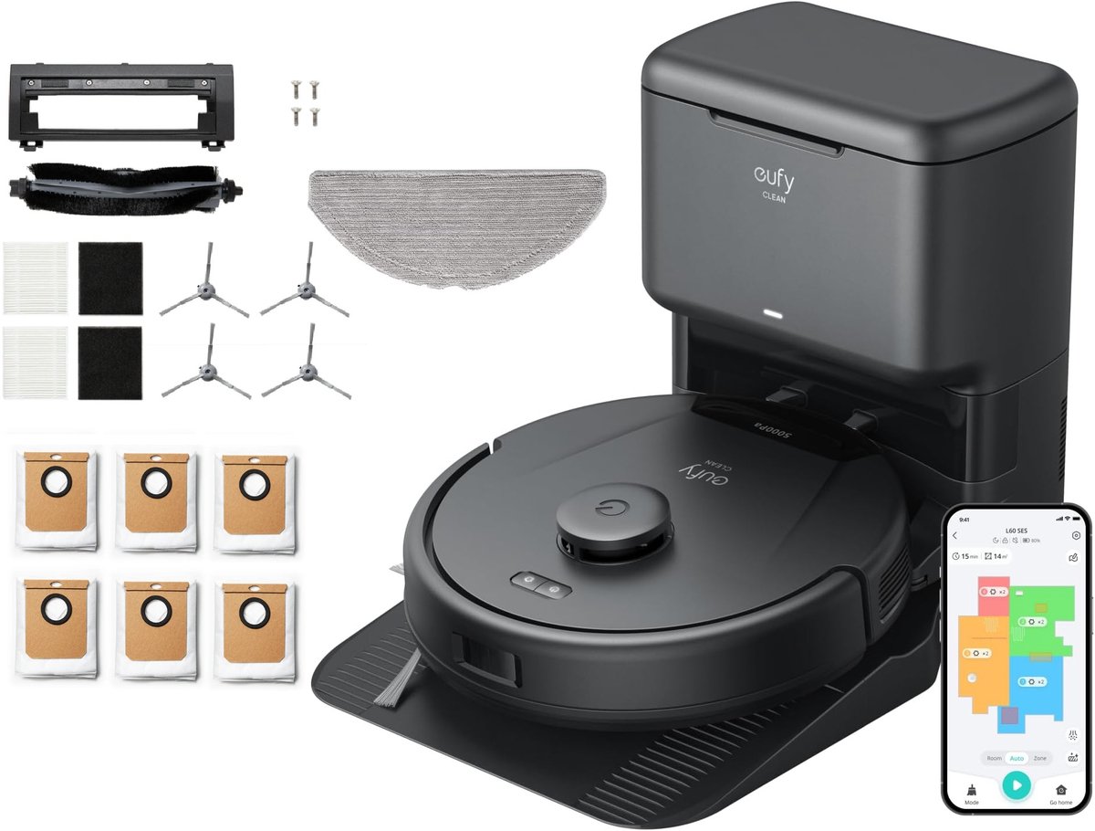eufy Clean L60 Hybrid SES Robotstofzuiger met dweilfunctie en Vervangingssets - Robot Vacuum - 5.000 Pa Zuigkracht, Met automatisch leegstation, Bestuurbaar via smartphone
