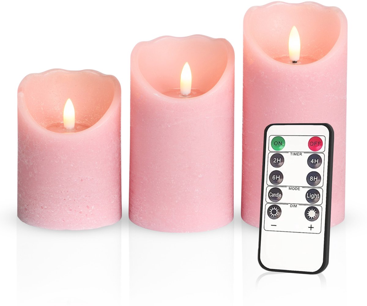 Meisterhome – 3 x Led Stompkaars Rustiek - Licht Roze – Stompkaars Echte wax – Led kaarsen - 10 / 12.5 / 15 cm Hoog - Met afstandsbediening – Timer 2/4/6/8 uur - Dimbaar