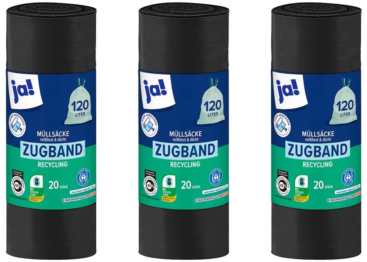 Goedkoopste Ja!® | 3 x 20 grote vuilniszakken | 120 liter | met trekband | scheur en lek vast | mini container | 70 x 100 cm