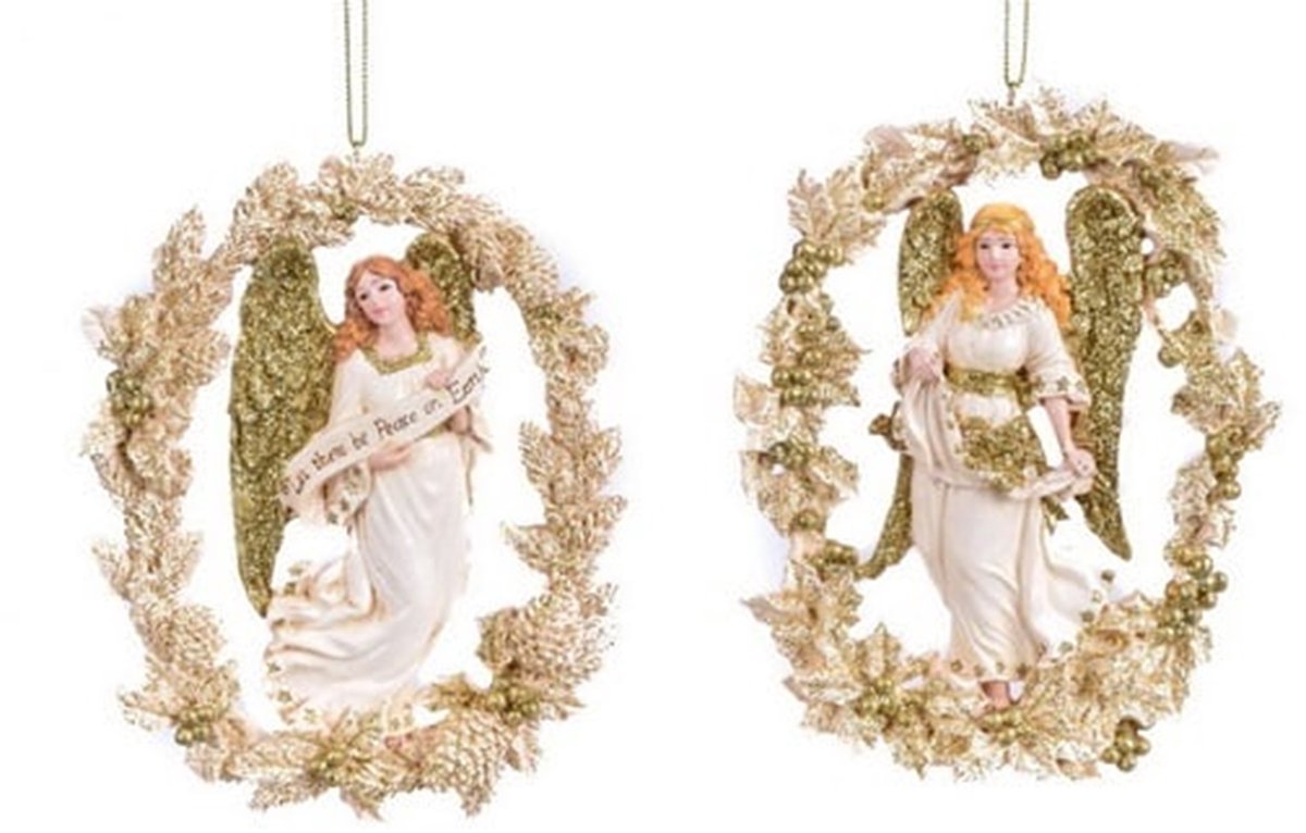 2 Orn Angels in Christmas wreath white/gold 2ass 10,5x0,8x13,5