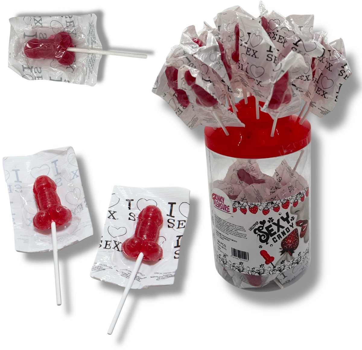 Sexy Candy Mini Penis Lolly Display - aardbeiensmaak voor feestjes - 50 stuks