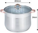 Zilverkleurige soeppan met glazen deksel en koperkleurige handvatten, met afmetingen Ø32cm en 24cm aangegeven.