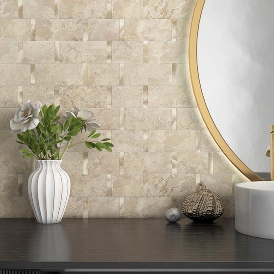 Plakken op tegels beige marmeren tegelstickers PVC zelfklevende wandtegels hittebestendige peeling en plak vloertegels keuken stok op muur tegels badkamer 10x30cm/27 stuks
