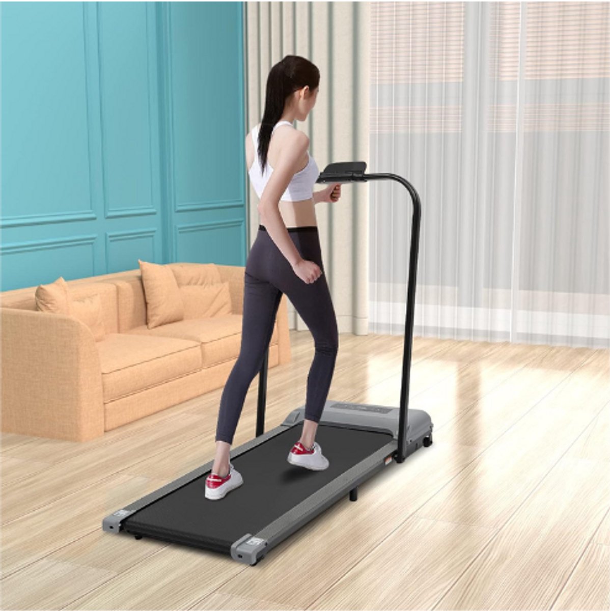 Afbeelding 3 van Opvouwbare Loopband voor Thuis, Elektrische Loopband 1-6 km/u, met Afstandsbediening en LED-Display, Compact Wandelpad voor Thuis en op Kantoor, Grijs
