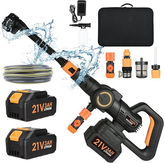 Draagbare Hogedrukreiniger – Met Accu – Hogedrukspuit – Draagbaar – Inclusief Batterij – Complete Set – Professioneel Design – Zwart/Oranje