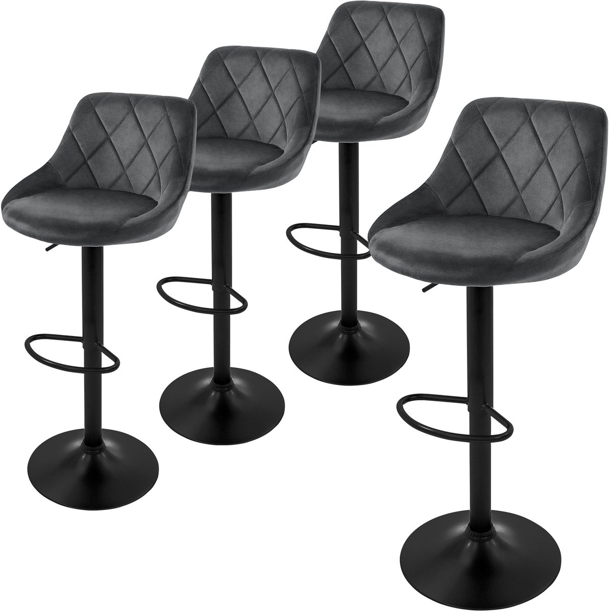 ml-design barkruk set van 4, fluwelen bekleding, grijs, gestoffeerde barkruk met rugleuning en voetensteun, barkruk in hoogte verstelbaar 62-82 cm, 360° draaibaar, bistrostoel draaistoel barstoelen