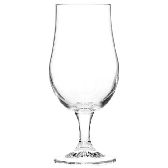 Een leeg bierglas op een voet.
