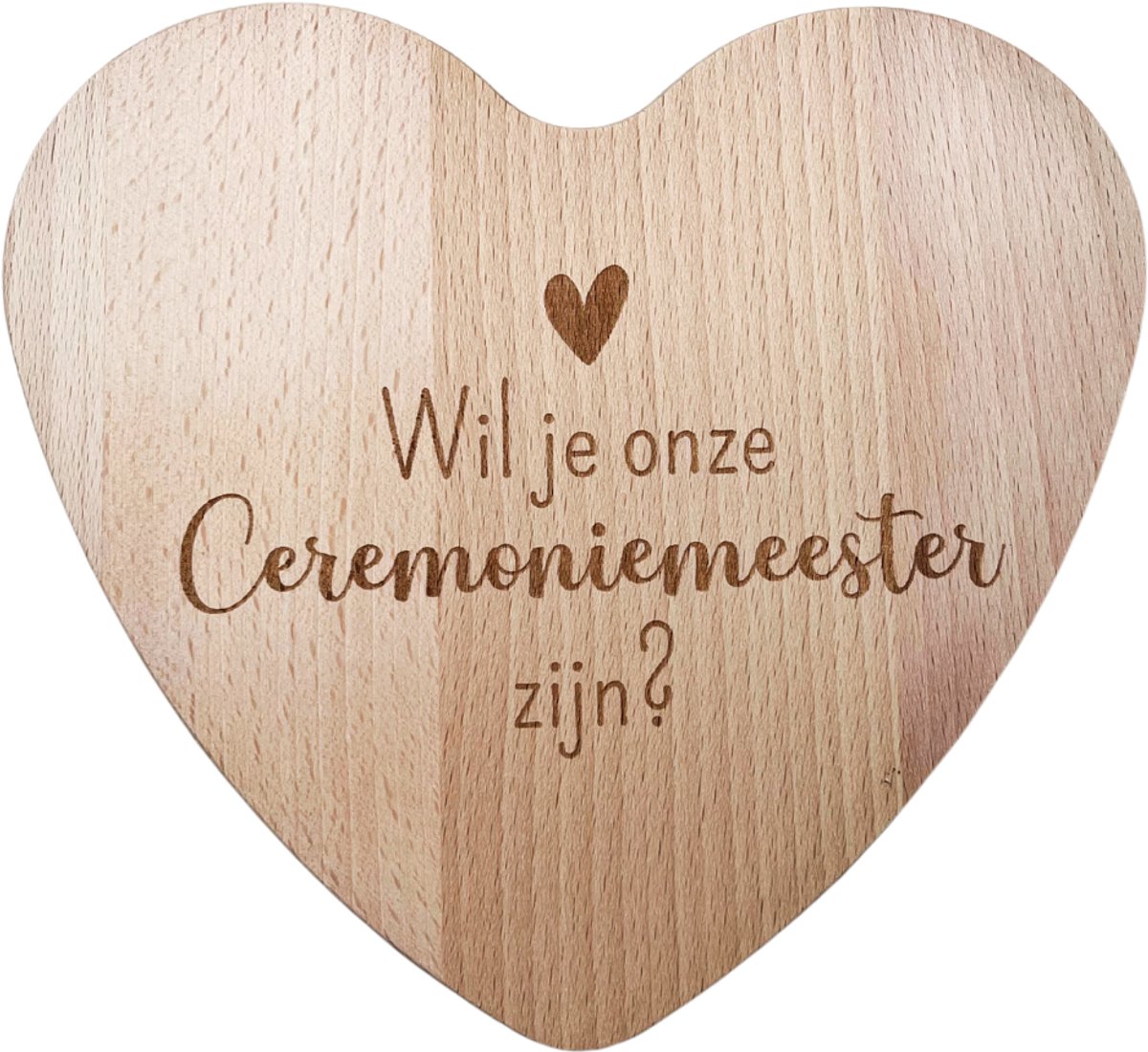 Uniek Hartvormig Houten Plankje met Gravure - Vraag je Ceremoniemeester!"