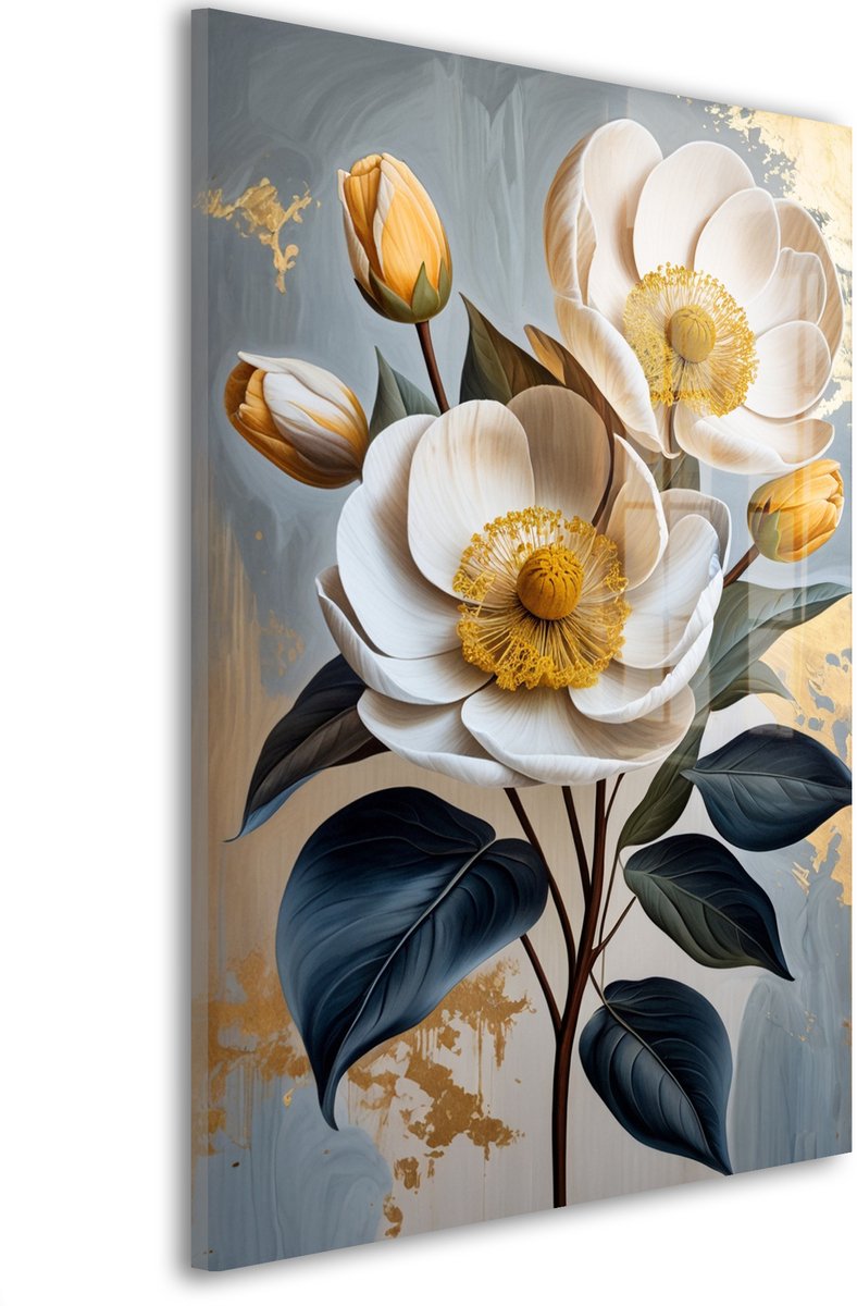Glasschilderij Gouden bloesem pracht - 90 x 60 cm - Bloem - Bloemen en Planten - Acrylaat - Inclusief wandbevestiging - Foto op plexiglas - Wanddecoratie woonkamer – Modern – Modern