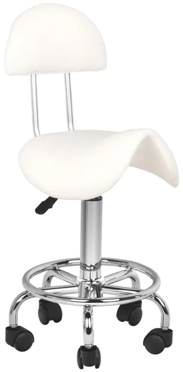 Ergonomische Cosmetische Zadelkruk – Met Rugleuning – Verstelbaar 49–62 cm – Wit Ecoleer – Zilverkleurig Onderstel – Kapperskruk / Werkstoel