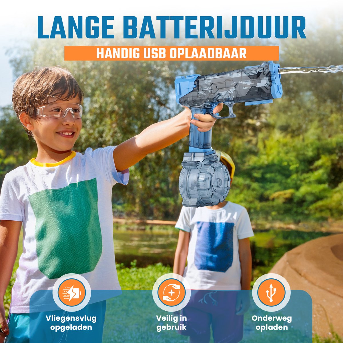 CosmoToys Waterpistool - Elektrisch - Waterspeelgoed - 8 Meter Bereik - Inclusief 2 Accu's - USB Oplaadbaar - Blauw — afbeelding 2