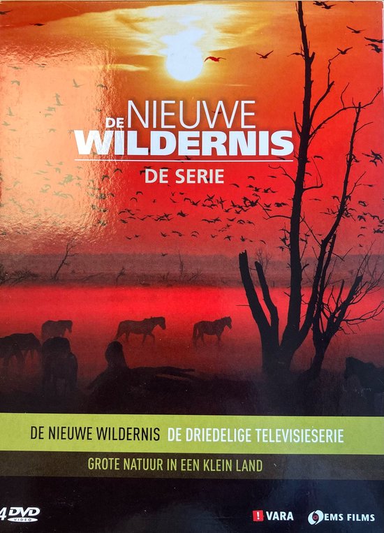 Zonsondergang met silhouetten van paarden en vogels, en een kale boom. Tekst 'De Nieuwe Wildernis De Serie'.