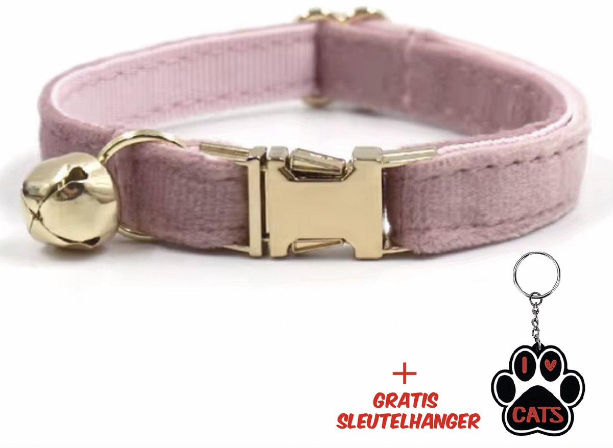 SilverAndCoco® - Licht Roze Katten Halsband met Bel met Gratis Sleutelhanger | Velvet Kat Kitten Bandje met belletje | Kattenhalsband Suède Gouden | Kleding Decoratie | Kattenbandje Huisdier - Goud