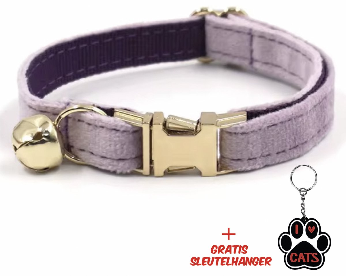 SilverAndCoco® - Paarse Katten Halsband met Bel met Gratis Sleutelhanger | Velvet Kat Kitten Bandje met belletje | Kattenhalsband Suède Gouden | Kleding Decoratie | Kattenbandje Huisdier - Paars / Goud