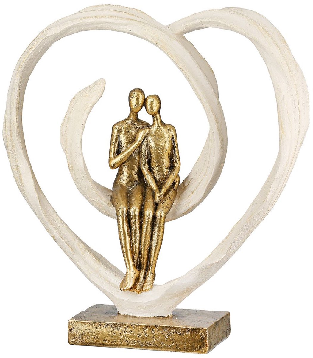 Beeld geliefden met het hart op de juiste plaats - goud en creme -= polyresin - 7x24x25 cm