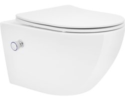 LuxeBath Wand WC Spülrandlos mit Bidet-Funktion, Weiß, Tiefspüler Keramik Hänge WC, lang 54cm, Dusch WC Softclose-Klodeckel, Tornadospülung, Glänzende Kloschüssel Hängend mit WC-Sitz Absenkautomatik