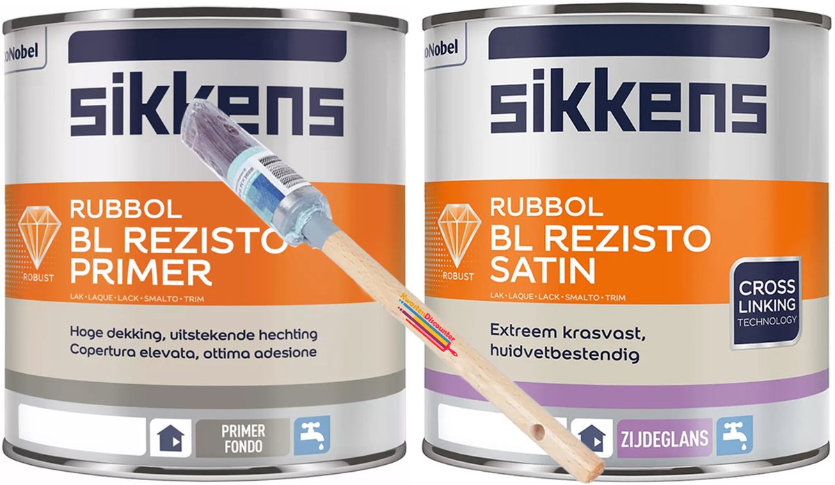 Sikkens (voor Binnen) Rubol BL Rezisto primer wit + sikkens rubbol bl rezisto satin E8.05.65 + GRATIS KwastenDiscounter professionele verfkwast + Gratis verfbakje!