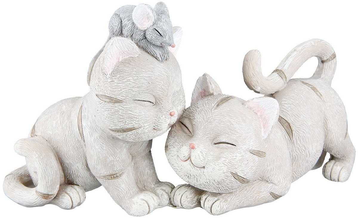 Beeld kittens play met muis- katten - poezenbeeld - 8x19x11 cm creme polyresin