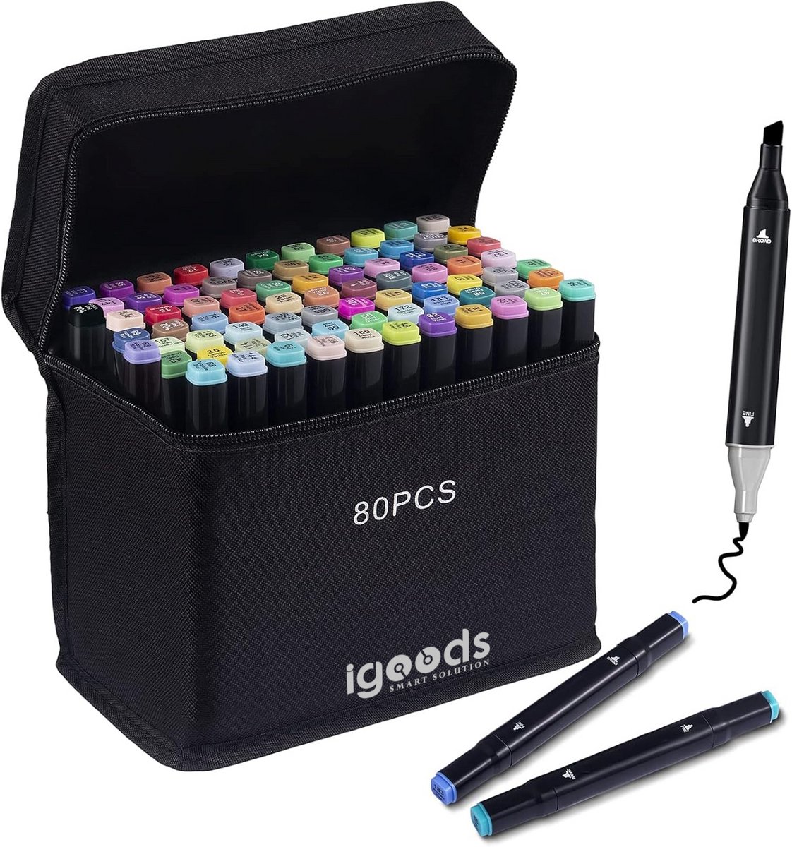 Igoods Twinmarkers - Kleurstiften - Alcohol Stiften - Stiften Voor Volwassenen - Markeerstiften - Met Etui Opbergtas - 80 Stiften