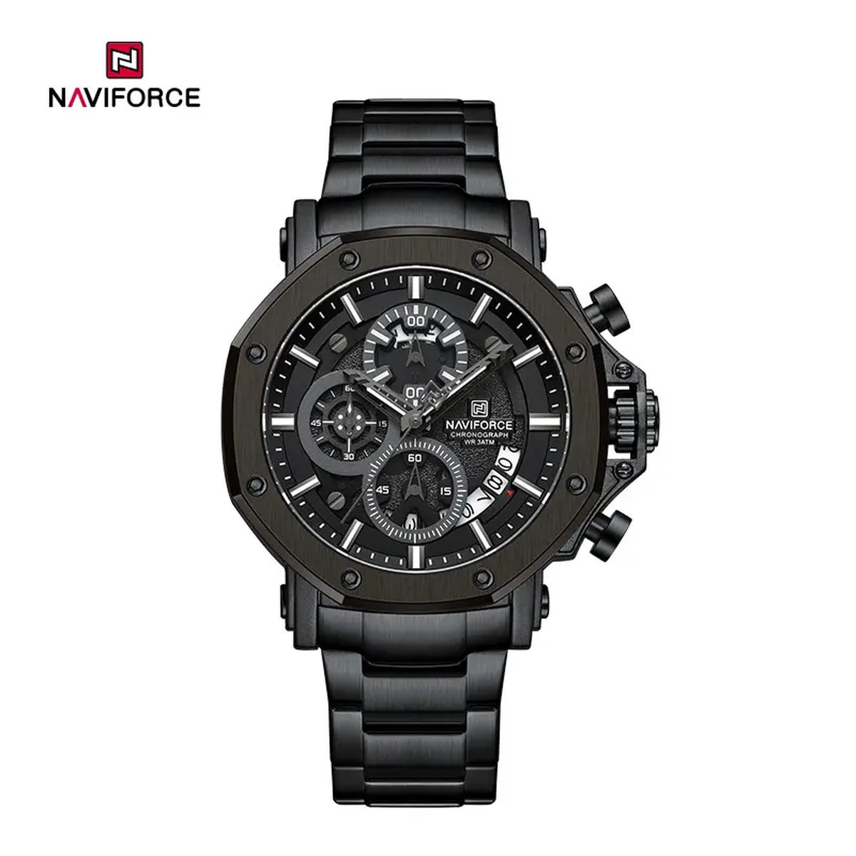 NAVIFORCE horloge voor mannen, met zwarte metalen polsband, zwarte uurwerkkast en zwarte wijzerplaat ( model 8065 BBB ), verpakt in mooie geschenkdoos
