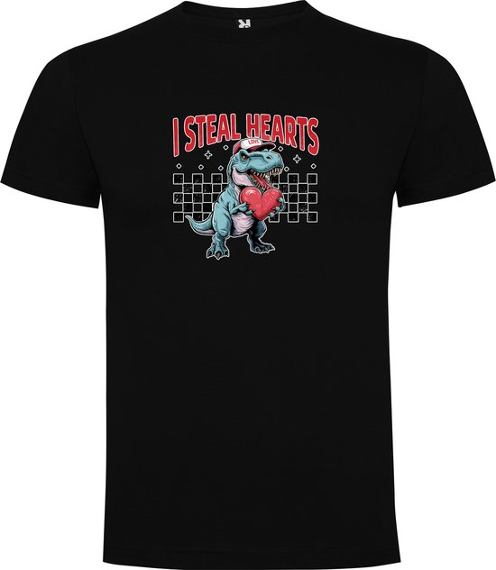 T-shirt Zwart avec imprimé coloré « Dinosaure T- Rex qui vole les cœurs - texte - humour » Impression couleur Taille 4XL