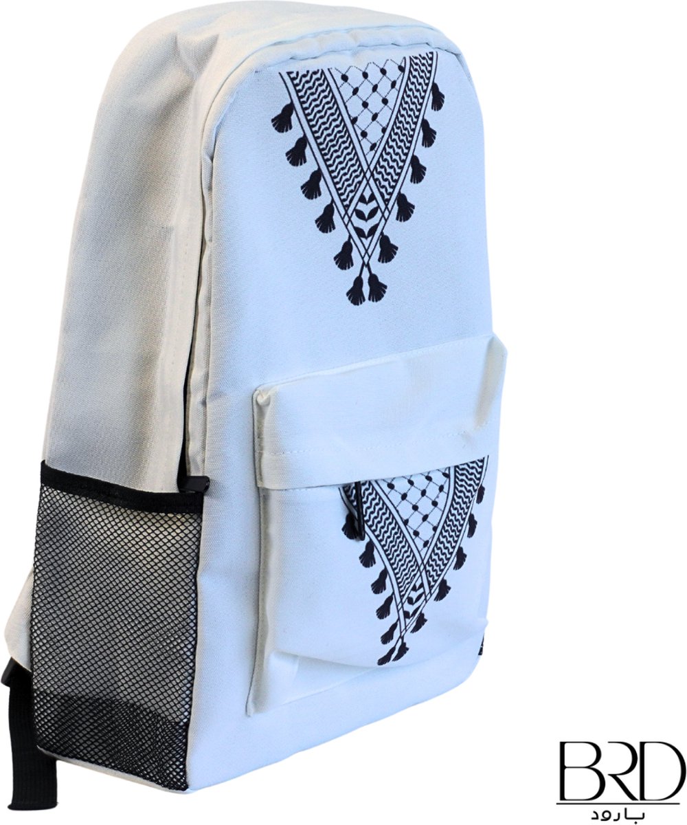 BRD® For Palestine | Witte Rugzak met flessenhouder en laptopvak | Palestijnse keffiyeh sjaal patroon