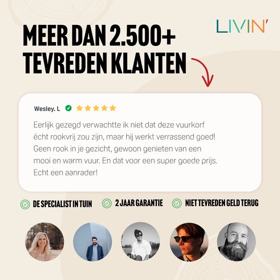 Collage met tevreden klanten die de Livin' vuurkorf beoordelen met 5 sterren. 2 jaar garantie.