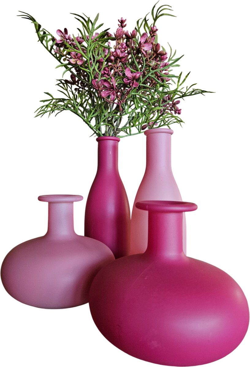 Vaas - Klein - set van 4 - kleurrijk - paars - groen - geel -roze - H 12,5 cm - D 10,5 cm