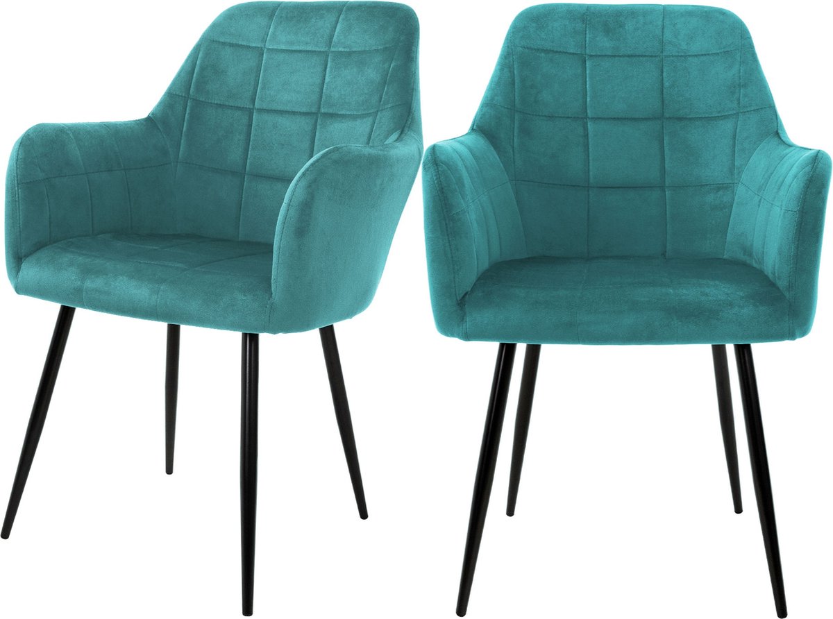 ml-design ECD Germany Set van 2 Eetkamerstoelen met Rugleuningen en Armleuningen, Turquoise, Keukenstoelen met Fluwelen Bekleding, Gestoffeerde Stoelen met Metalen Poten, Ergonomische Stoelen voor Eettafel
