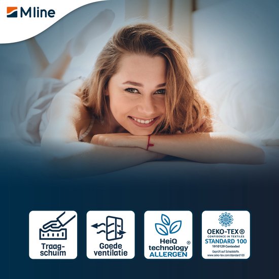 Vrolijke vrouw op bed, met icoontjes voor traagschuim, ventilatie, HeiQ allergenen en OEKO-TEX.