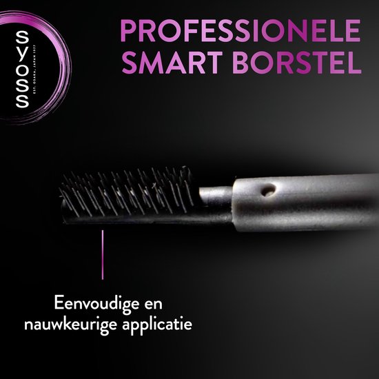 Close-up van de SYOSS professionele smart borstel voor het aanbrengen van wenkbrauwverf. Zwarte borstelharen.