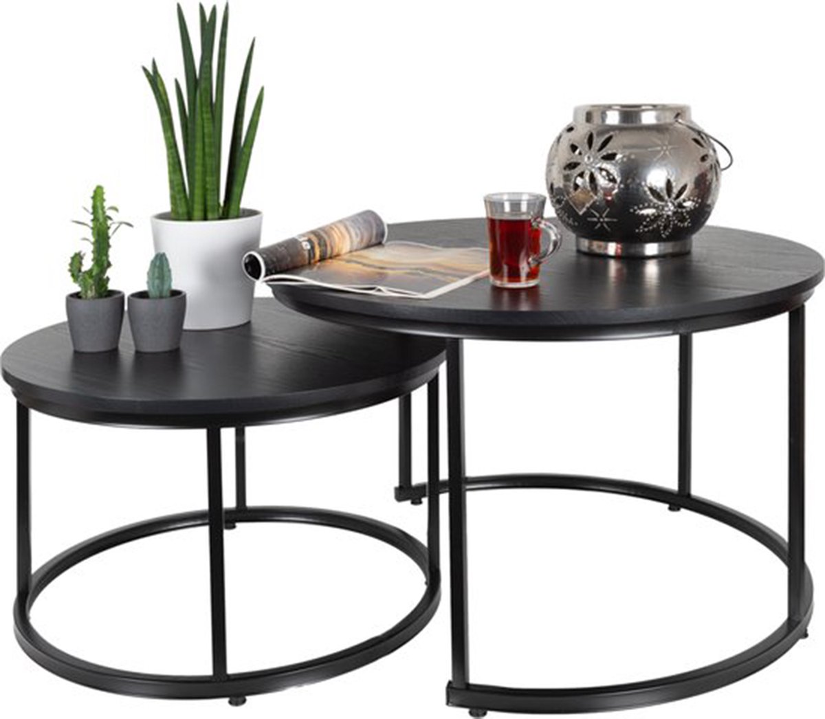 Casamoda Salontafel set van 2 – ø 58/75 cm - Hoogte 36/45 cm - Bijzettafel Rond - Salon tafel Industrieel - Tafelblad Hout - Salontafel Zwart