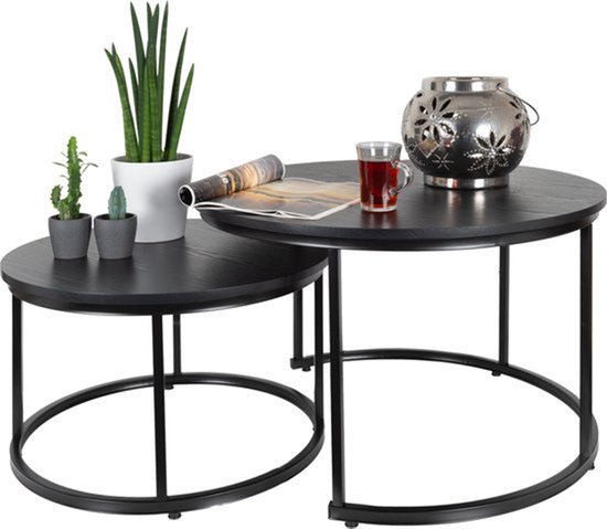 Ensemble de tables basses CASAMODA – ø 58/ 75 cm – Hauteur 36/45 cm – Table d’appoint ronde – Table basse industrielle – Table en bois – Set de 2 – Zwart