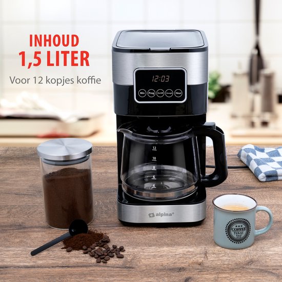 Machine à café alpina 900W - Café filtre - 1,5 L / 12 tasses - Fonction de temporisation - Plaque chauffante - Affichage numérique - Zwart