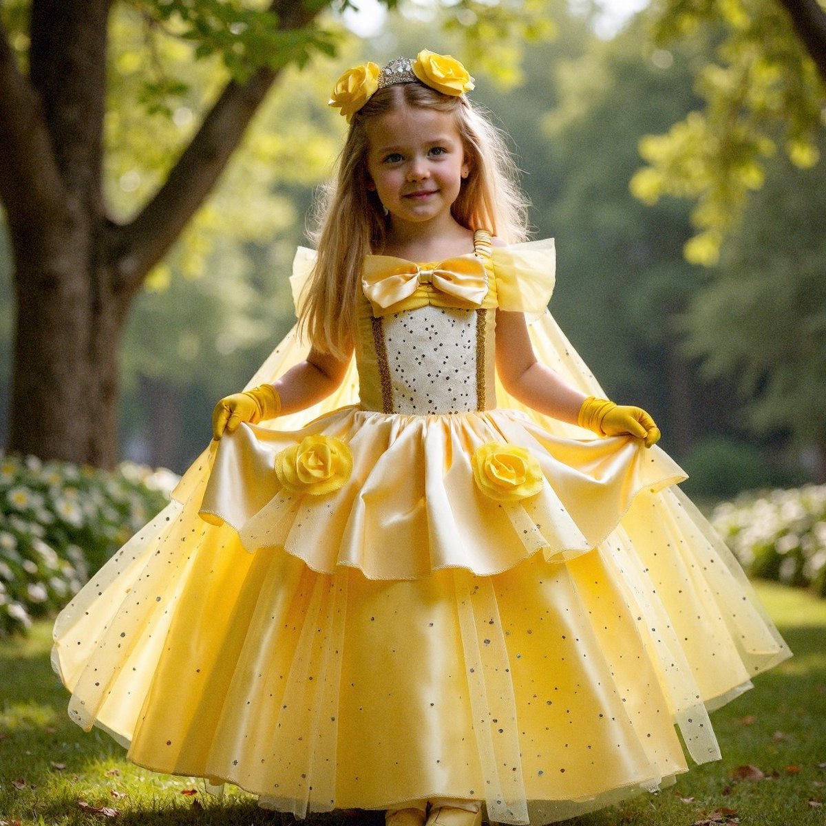 Joya Kids® Gele Verkleedjurk | Prinsessen Jurk | Prinses & het Beest verkleedkleding | (130) + kroon, Staf, Handschoenen, Ketting, Ring & Oorbellen | Sinterklaas kado cadeau meisje — afbeelding 18