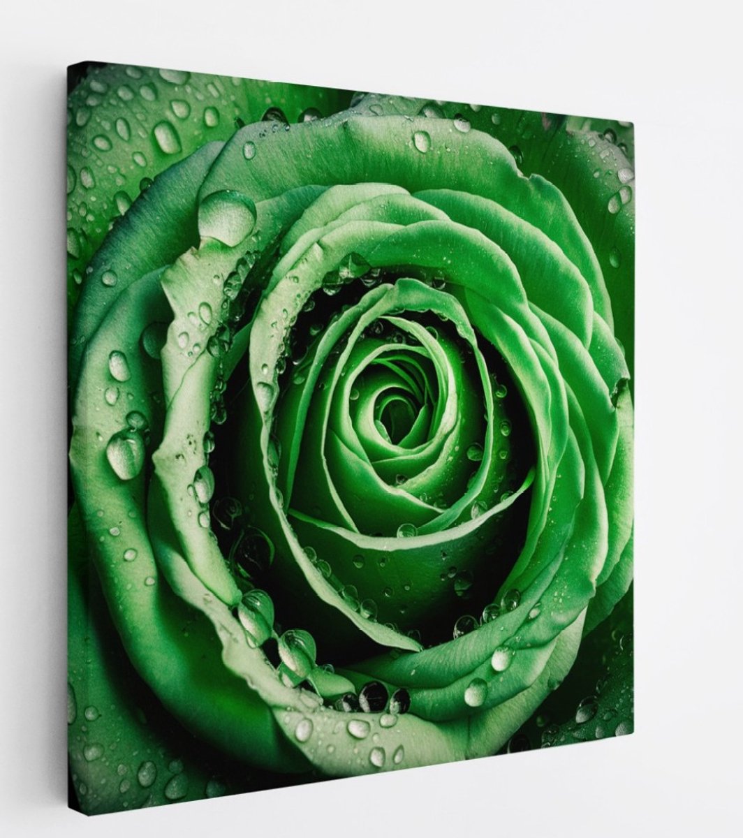 Saammp Canvas Schilderij - Groene Roos - Waterdruppels - Natuur - Abstract - 20x20 - Foto op canvas - Wanddecoratie - Muurdecoratie Woonkamer - Kantoor Decoratie Multicolor