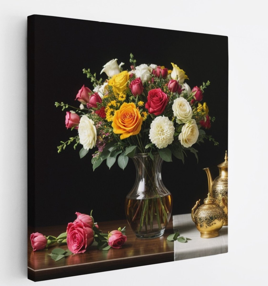 Saammp Canvas Schilderij - Klassiek Bloemen Boeket met Goud - Natuur - Abstract - 20x20 - Foto op canvas - Wanddecoratie - Muurdecoratie Woonkamer - Kantoor Decoratie Multicolor