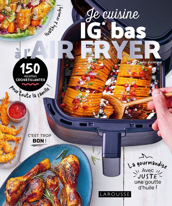 Airfryer avec des cuisses de poulet rôties, des crevettes avec sauce et une salade. "Je cuisine IG bas à l'air fryer".