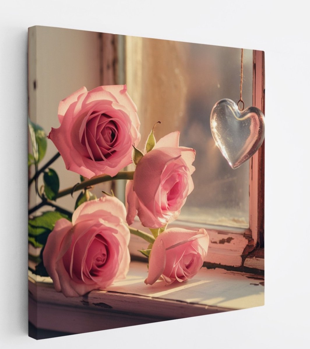 Saammp Canvas Schilderij - Roze Rozen Met Hart - Bloemen - 60x60 - Foto op canvas - Wanddecoratie - Muurdecoratie Woonkamer - Kantoor Decoratie Multicolor