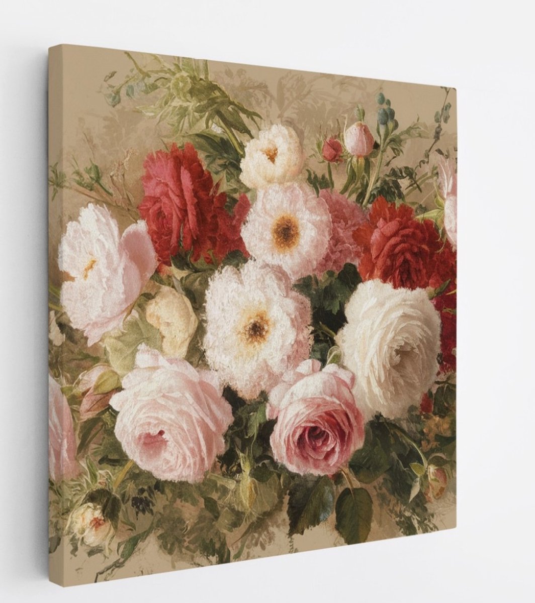 Saammp Canvas Schilderij - Gekleurde bloemen - rood - Abstract - 60x60 - Foto op canvas - Wanddecoratie - Muurdecoratie Woonkamer - Kantoor Decoratie Multicolor