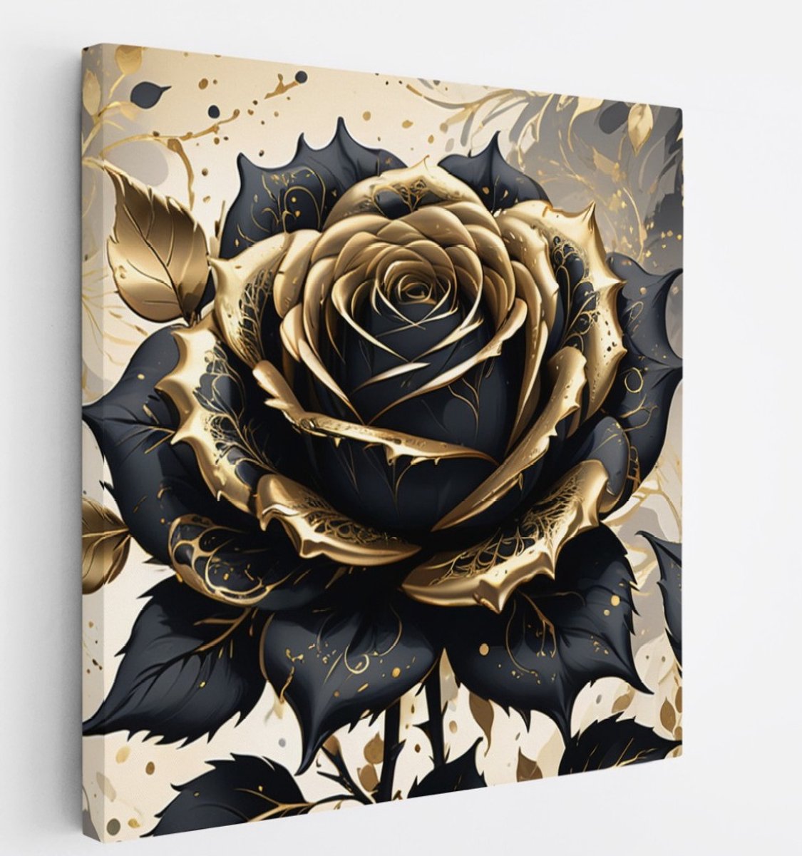 Saammp Canvas Schilderij - Luxe Zwarte en Gouden Roos - Natuur - Abstract - 40x40 - Foto op canvas - Wanddecoratie - Muurdecoratie Woonkamer - Kantoor Decoratie Multicolor