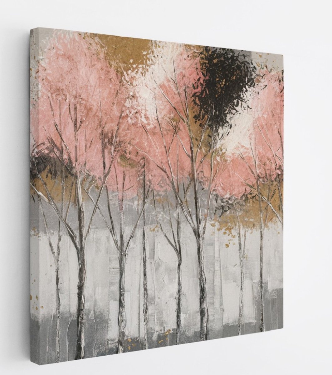 Saammp Canvas Schilderij - Bomen - Roze -Goud - Zwart - Bloemen - Landschap - Natuur - 30x30 - Foto op canvas - Wanddecoratie - Muurdecoratie Woonkamer - Slaapkamer decoratie - Canvas Print Multicolor