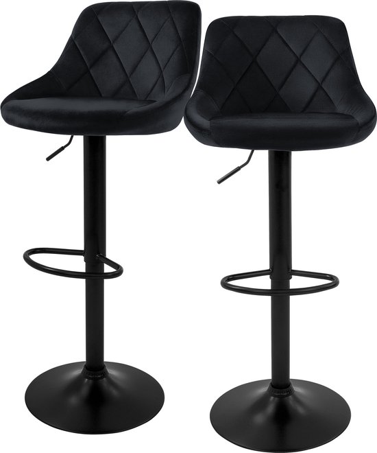 Barkruk set van 2 zwart fluwelen bekleding met rugleuning en voetensteun in hoogte verstelbaar 62-82cm ML-Design