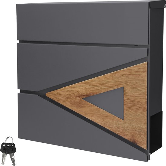 Brievenbus met krantenvak 37x36,5x11 cm antraciet/houtlook staal ML design
