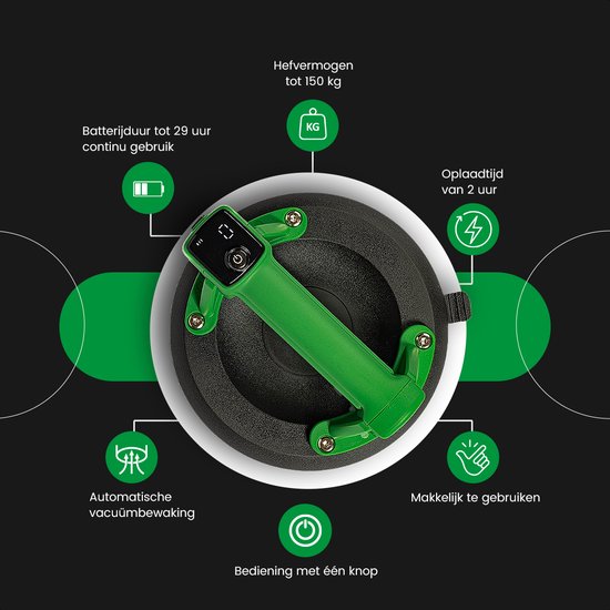 Infographic van de groene zuignap met informatie over hefvermogen, batterijduur en opladen.