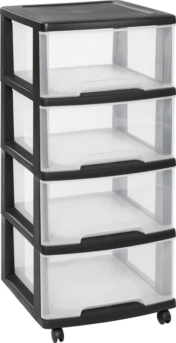 Pluto® - Organizer Chest ladesysteem - 4 middelgrote lades - 4 x 20L - Kunststof - Met Wielen - Zwart/Transparant