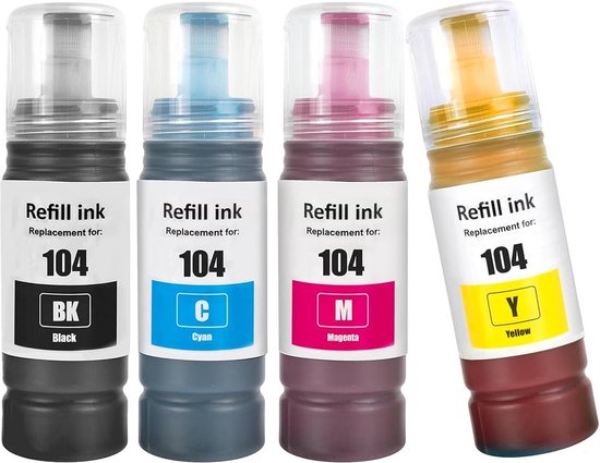 Rechtopstaande navulbare inktflessen: zwart, cyaan, magenta, geel, model 104.