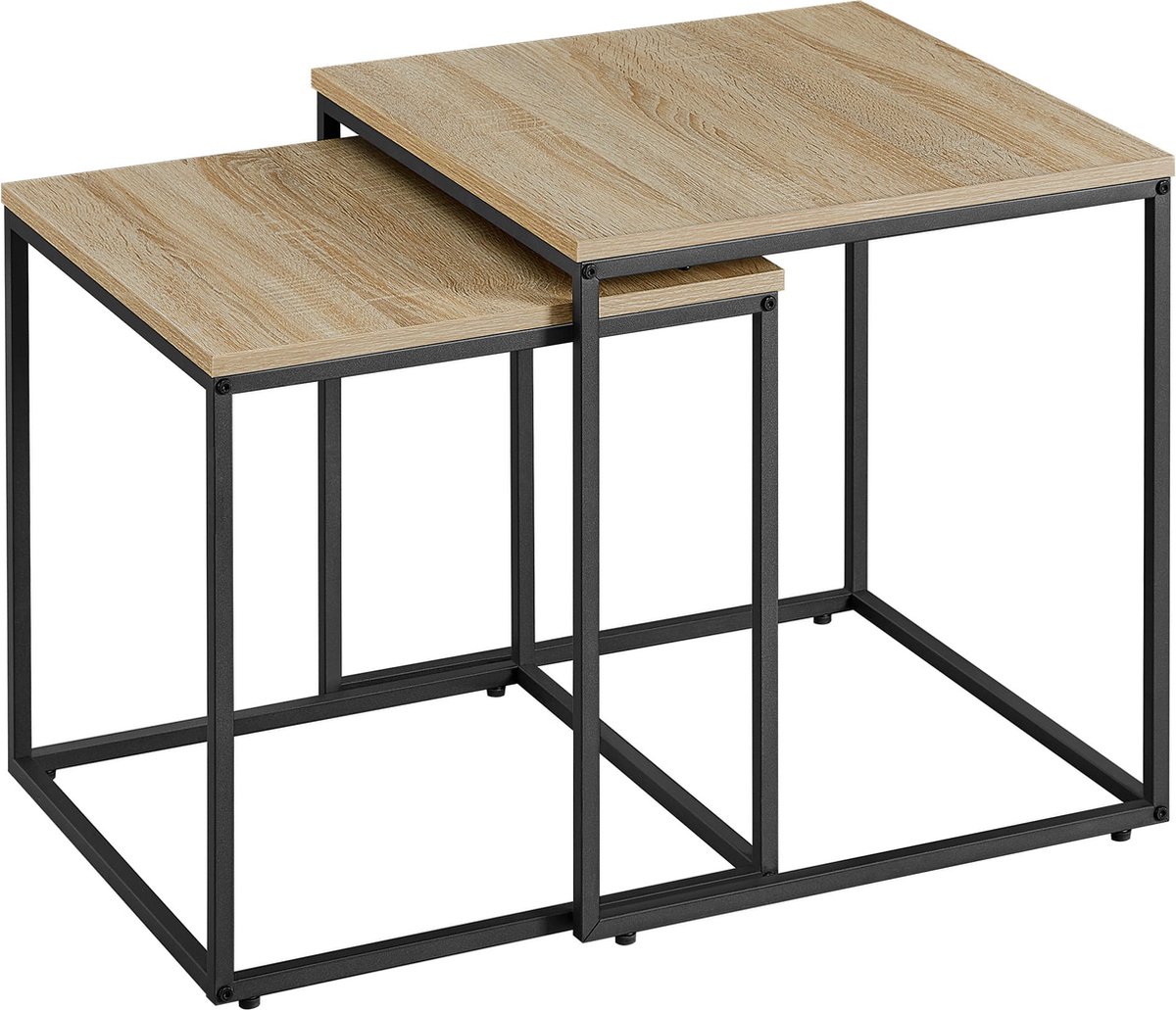 LEOBERT Bijzettafels SONOMA - Set van 2, Industriële Stijl, Stalen Frame, Kleur: Eiken Sonoma en Zwart, 50 x 50 x 50,5 cm, 45 x 45 x 45,5 cm eikenkleur